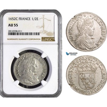 AB024, France, Louis XIV, 1/2 Ecu 1652-C, Saint-Lô, Silver, NGC AU55, Pop 1/0