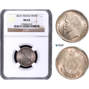 AB025, France, Napoleon III, 1 Franc 1867-A, Paris, Silver, NGC MS64