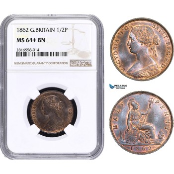 AB027, Great Britain, Victoria, 1/2 Penny 1862, NGC MS64+ BN