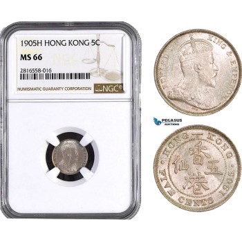 AB029, Hong Kong, Edward VII, 5 Cents 1905-H, Heaton, Silver, NGC MS66