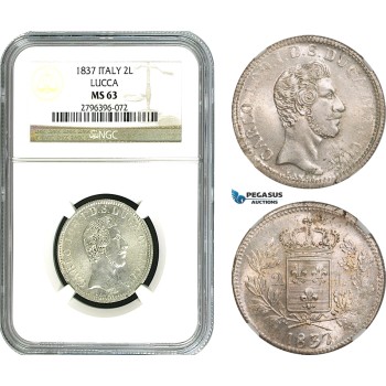 AB031, Italy, Lucca, Carlo Ludovico, 2 Lire 1837, Silver, NGC MS63