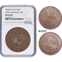 AB033, Italy, Papal, 5 Baiocchi 1850-R IV, Rome, NGC MS63BN AB033, Italy, Papal, 5 Baiocchi 1850-R IV, Rome, NGC MS63BN