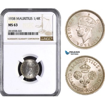 AB035, Mauritius, George VI, 1/4 Rupee 1938, Silver, NGC MS63