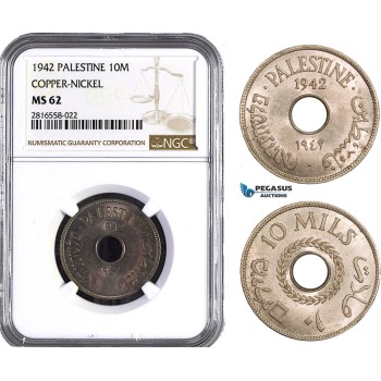 AB038, Palestine, 10 Mils 1942, London, Copper-Nickel NGC MS62