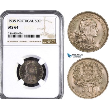 AB040, Portugal, 50 Centavos 1935, NGC MS64, Rare! AB040, Portugal, 50 Centavos 1935, NGC MS64, Rare!