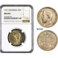 AB054, Russia, Nicholas II, 50 Kopeks 1911 (ЭБ) St. Petersburg, Silver, NGC MS64+, Rare!
