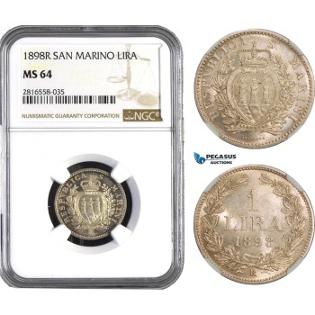 AB056, San Marino, 1 Lira 1898-R, Rome, Silver, NGC MS64