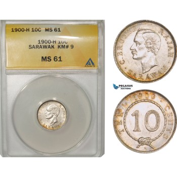 AB059, Sarawak, C. Brooke Rajah, 10 Cents 1900-H, Heaton, Silver, ANACS MS61