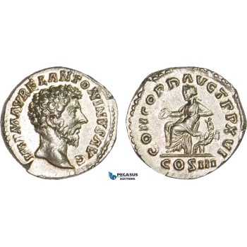 AB071, Roman Empire, Marcus Aurelius (161-180 AD) AR Denarius (3.43g) Rome, 162 AD, Concordia, Lustrous aUNC