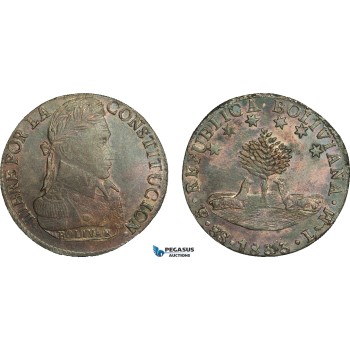 AB074, Bolivia, 8 Soles 1833 PTS LM, Potosi, Silver, Toned aUNC (Faint Hairlines)