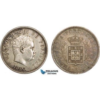 AB117, India (Portuguese) Carlos I, 1 Rupia 1903, Silver, Toned XF (Some cleaning on Obv.)