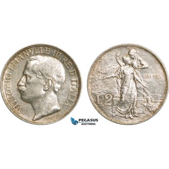 AB124, Italy, Vit. Emanuele III, 2 Lire 1911-R, Rome, Silver, AU