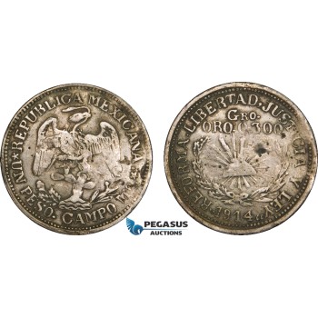 AB136, Mexico, Revolutionary, Guerrero, Campo Morado, 1 Peso 1914 CAMPO Mo, Gold with Silver, KM# 659, VF