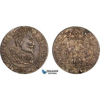 AB147, Poland, Sigismund III, 6 groschen 1596, Marienburg, Silver, Toned XF (Minor edge damage)
