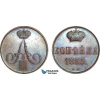 AB148, Russia, Alexander II, 1 Kopek 1855 BM, Warsaw, Brown AU, Rare!