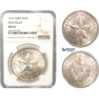 AB160, Cuba, Star Type Peso 1915, Philadelphia, Silver, NGC MS63, High Relief AB160, Cuba, Star Type Peso 1915, Philadelphia, Silver, NGC MS63, High Relief