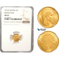 AB168, France, Napoleon III, 5 Francs 1854-A, Paris, Gold, NGC MS63 (Reeded edge) 