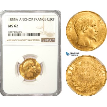 AB169, France, Napoleon III, 20 Francs 1855-A, Paris, Gold, NGC MS62 (Anchor)
