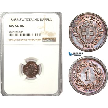 AB182, Switzerland, 1 Rappen 1868-B, Bern, NGC MS66BN, Pop 1/0, Finest!