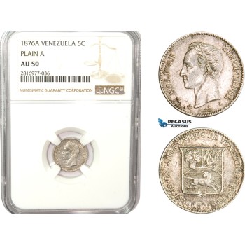 AB184, Venezuela, 5 Centavos 1876-A, Paris, Silver, NGC AU50