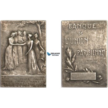 AB196, France, Silver Art Nouveau Plaque Medal 1910 (40x27mm, 25.3g) Paris Bank Union