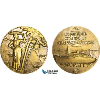 AB198, France, Bronze Medal ND (Ø59mm, 101g) by Renard, Transatlantique, Colombia, Caribbean, Ships