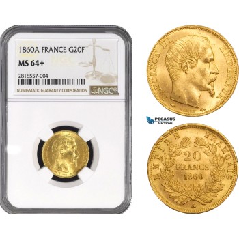 AB209, France, Napoleon III, 20 Francs 1860-A, Paris, Gold, NGC MS64+