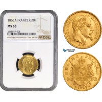 AB210, France, Napoleon III, 20 Francs 1863-A, Paris, Gold, NGC MS63