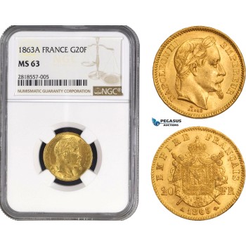 AB210, France, Napoleon III, 20 Francs 1863-A, Paris, Gold, NGC MS63