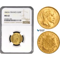 AB211, France, Napoleon III, 20 Francs 1863-A, Paris, Gold, NGC MS62