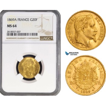 AB212, France, Napoleon III, 20 Francs 1869-A, Paris, Gold, NGC MS64