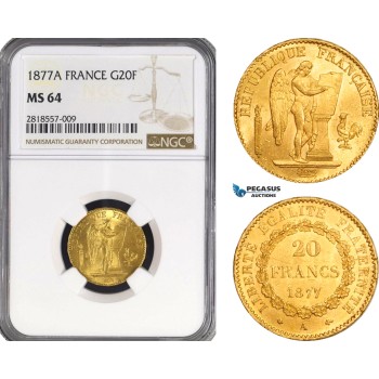 AB213, France, Third Republic, 20 Francs 1877-A, Paris, Gold, NGC MS64