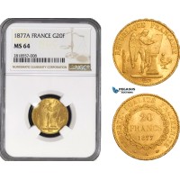 AB214, France, Third Republic, 20 Francs 1877-A, Paris, Gold, NGC MS64