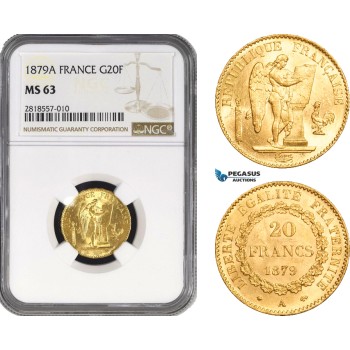 AB215, France, Third Republic, 20 Francs 1879-A, Paris, Gold, NGC MS63