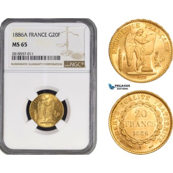 AB216, France, Third Republic, 20 Francs 1886-A, Paris, Gold, NGC MS65