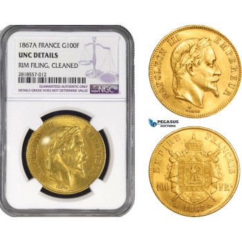 AB217, France, Napoleon III, 100 Francs 1867-A, Paris, Gold, NGC UNC Details