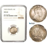 AB227-S, Straits Settlements, Edward VII, 10 Cent 1903, Silver, NGC MS64, Pop 2/1, Rare!
