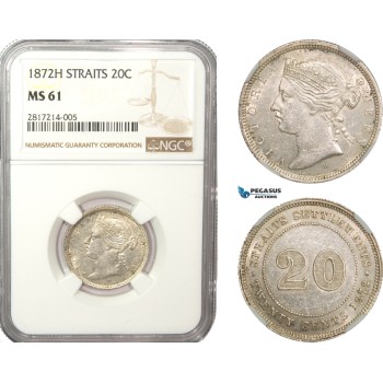 AB228-S, Straits Settlements, Victoria, 20 Cents 1872-H, Heaton, Silver, NGC MS61