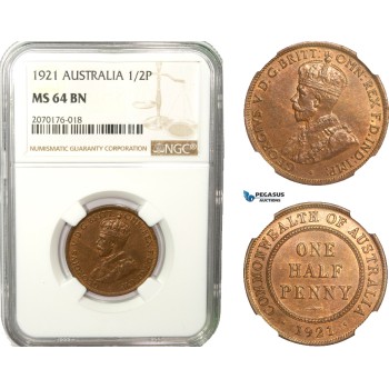 AB232, Australia, George V, Half Penny 1921, London, NGC MS64BN