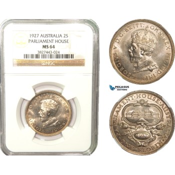 AB235, Australia, George V, Florin / 2 Shillings 1927, Silver, NGC MS64 (Parliament House)