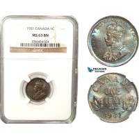 AB253, Canada, George V, 1 Cent 1931, NGC MS63BN