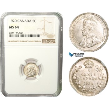 AB254, Canada, George V, 5 Cents 1920, Silver, NGC MS64