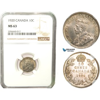 AB255, Canada, George V, 10 Cents 1920, Silver, NGC MS63