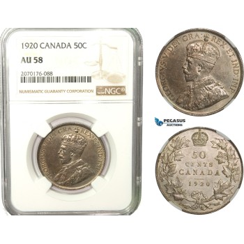 AB256, Canada, George V, 50 Cents 1920, Silver, NGC AU58