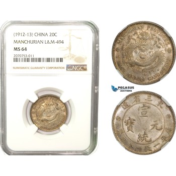 AB258, China, Manchurian Provinces, 20 Cents ND (1912-13) Silver, L&M 494, NGC MS64