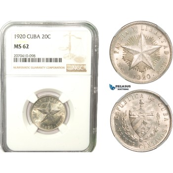 AB261, Cuba, 20 Centavos 1920, Philadelphia, Silver, NGC MS62