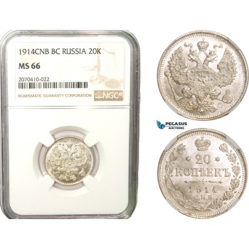 AB275, Russia, Nicholas II, 20 Kopeks 1914 СПБ-BC, St. Petersburg, Silver, NGC MS66