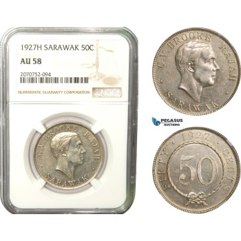 AB278, Sarawak, C.V. Brooke, 50 Cents 1927-H, Heaton, Silver, NGC AU58