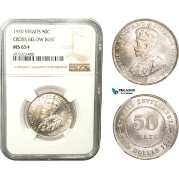 AB281, Straits Settlements, George V, 50 Cents 1920, Silver, NGC MS65+ (Cross below bust)