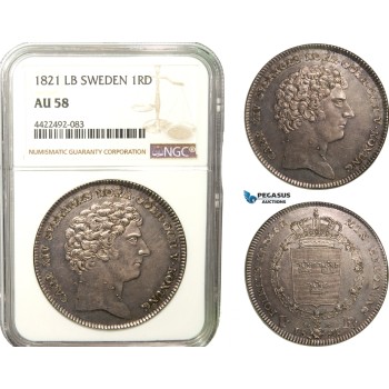 AB282, Sweden, Carl XIV, Riksdaler 1821 LB, Stockholm, Silver, SM 9, NGC AU58